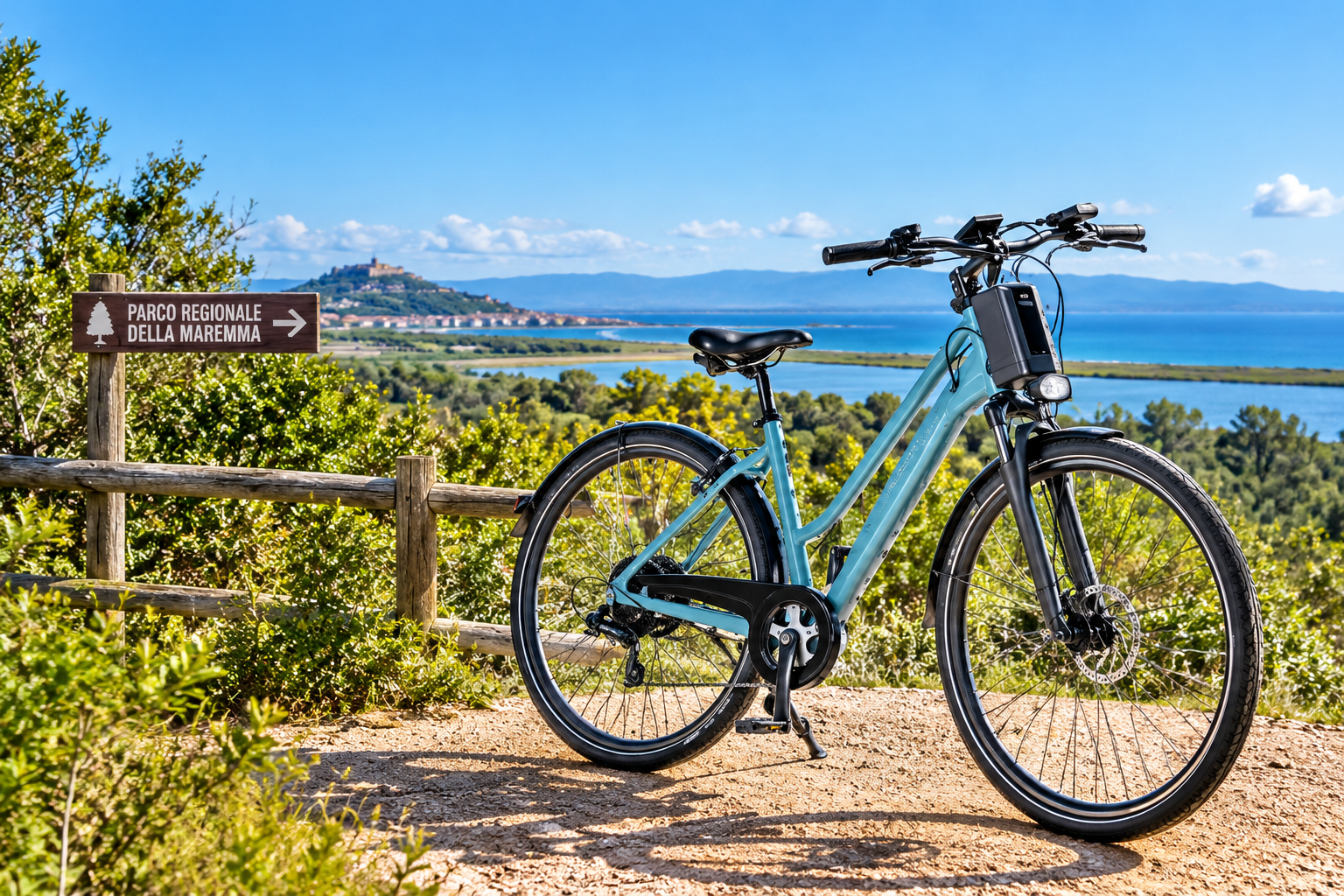Blaue E-Bike vor illustrativer Maremma-Landschaft
